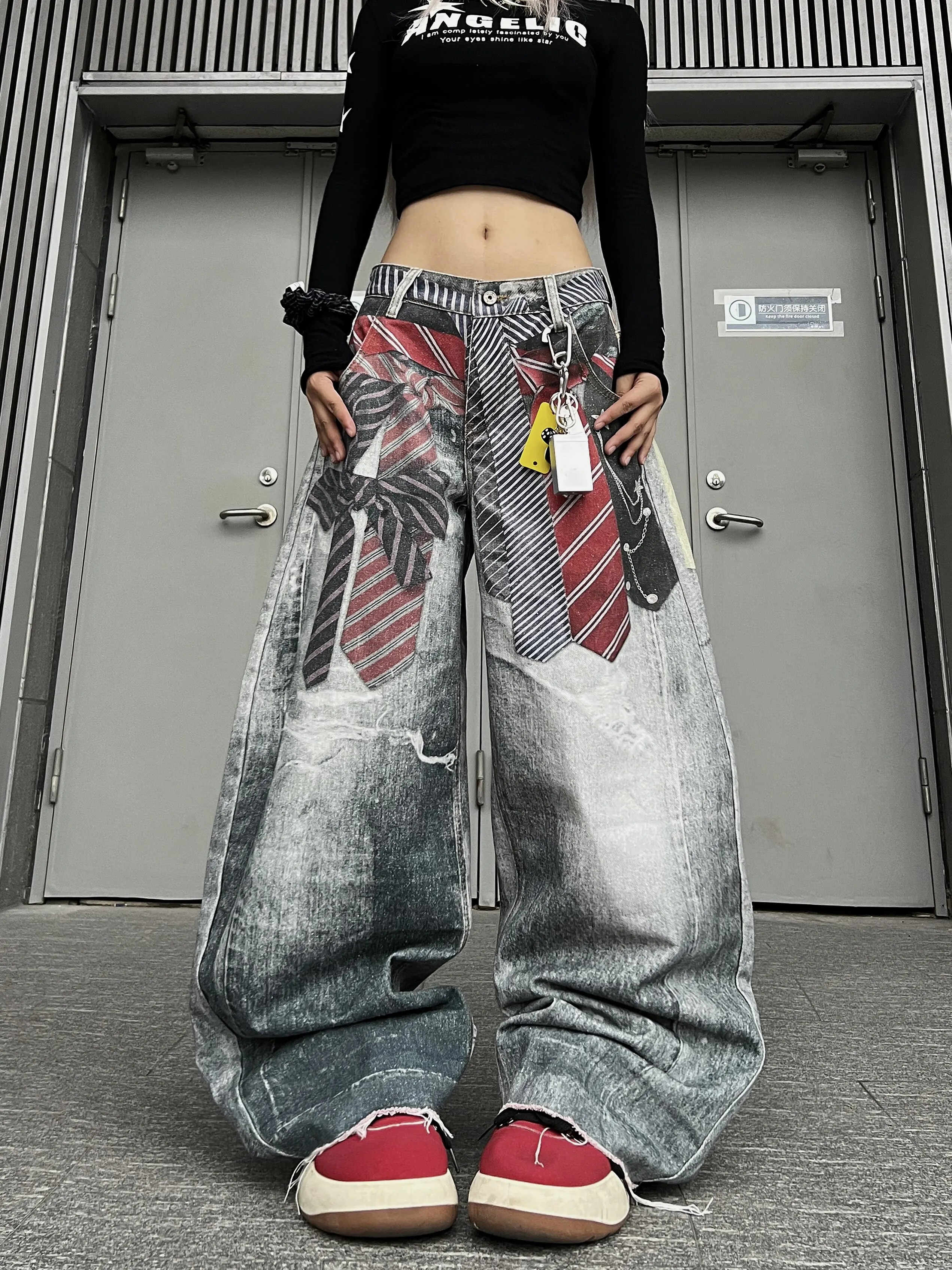 Retro American Street 3D Digital Print Belted Knife  Jeans Loose Wide Leg Long Trousers Trendy Unisex Denim Pants