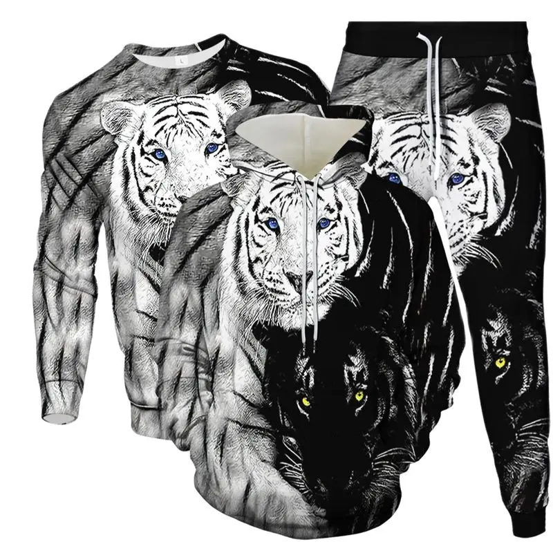 Men's Hoodies Sweatshirt Jogging Pants 3 Piece Set Male Casual Outdoor Clothing Suit Yin Yang Animal Tiger Print Tracksuit S-6XL