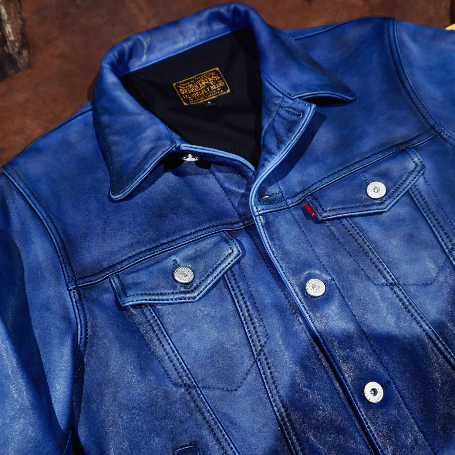 Tailor Brando Classic Washed Distressed Indigo Lambskin Classic 507 Vintage Men's Short Genuine Leather Denim Jacket