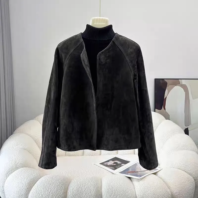 Retro Kid Suede Leather Jacket for Women Trendy Silhouette Short Coat Streetwear Chill Casaco Feminino