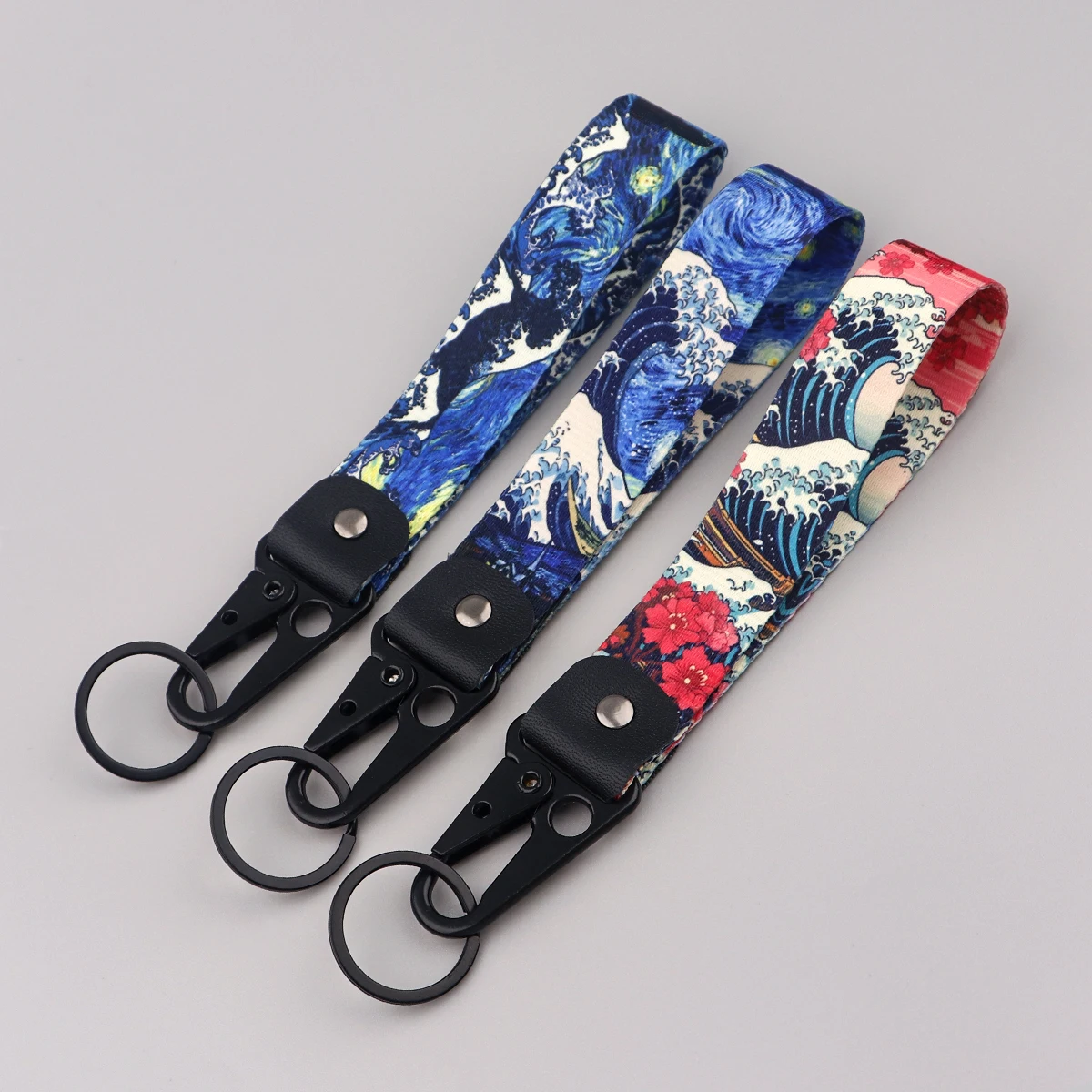 Van Gogh Keychain For Women Men Starry Sky Short Wrist Straps Japanese Waves Car Key Ring Holiday Gifts image 2