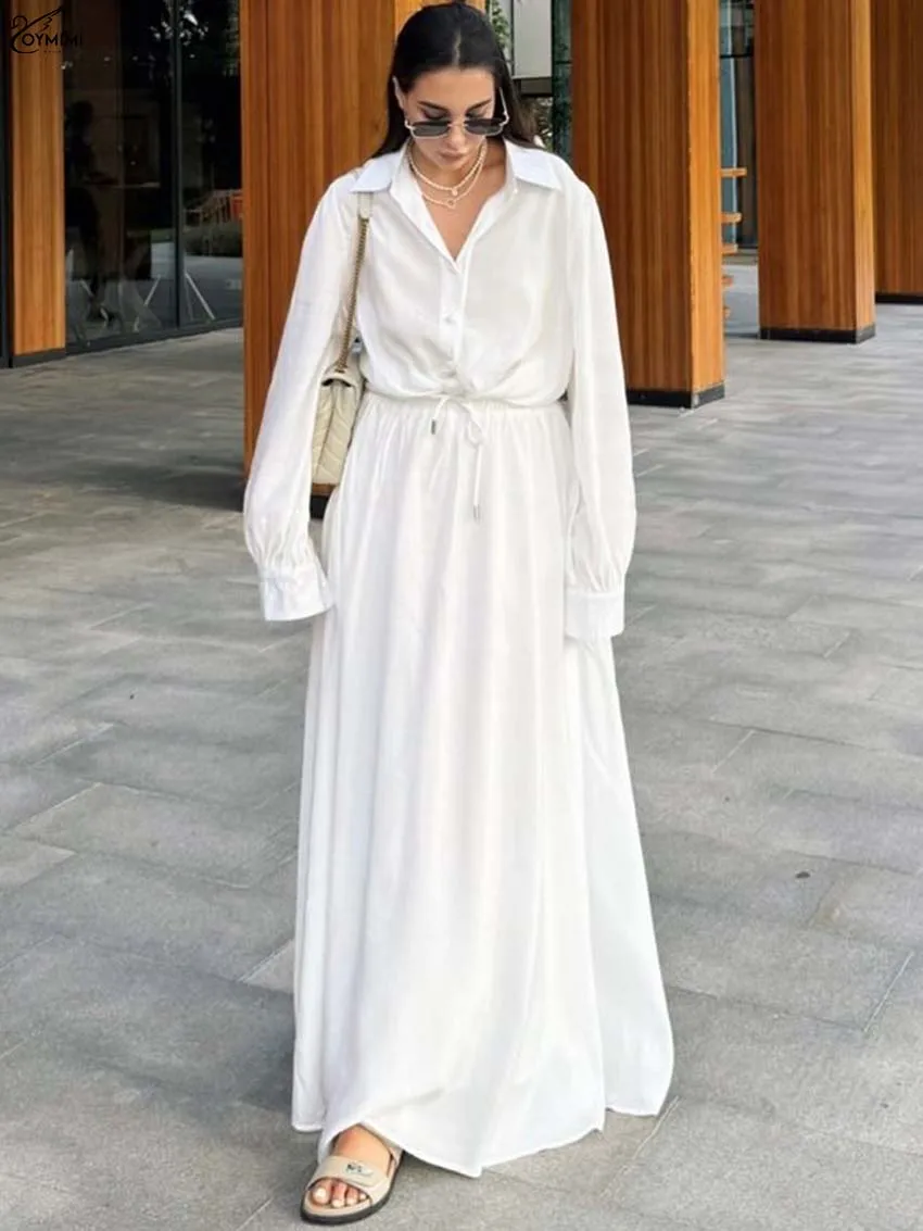

Oymimi Fashion White Cotton 2 Piece Sets Woman Outfit Elegant Lapel Long Sleeve Button Shirts And Drawstring Loose Skirts Sets