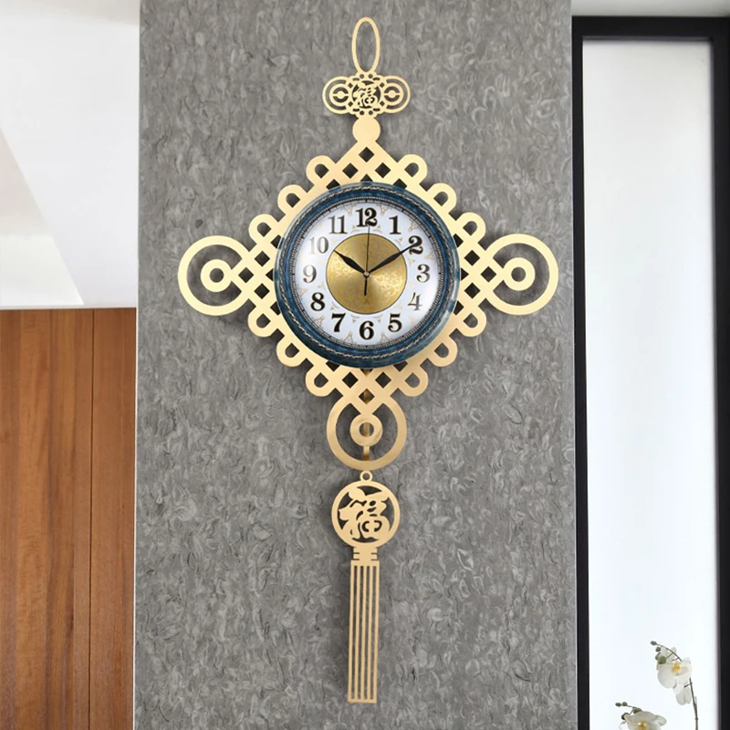 Brass Large Wall Clock Luxury Chinese Knot New Year Blessing Home House Restaurant Interior Design Decorations Modern Art Mural