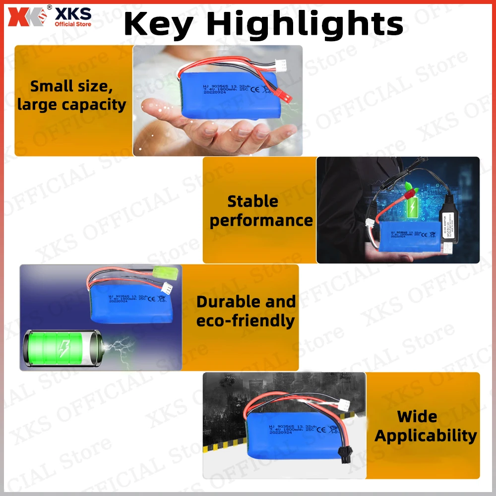 Batería LiPo de alta velocidad XKS 7,4 V 1800 mAh 25C 903565 - Recargable para coches RC de alta velocidad |   Batería de hobby de juguete RC