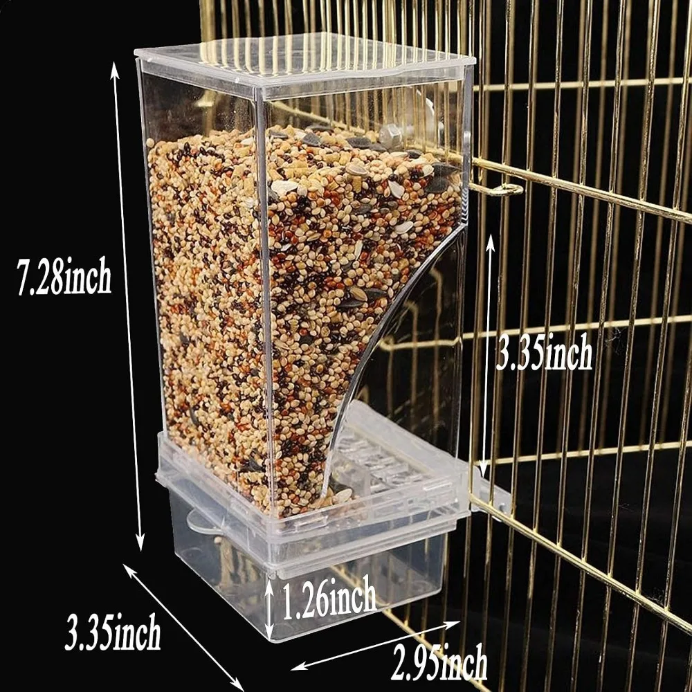 Automatic Bird Cage Feeder Transparent Acrylic Seed Container with Perch for Small Medium Parakeets Lovebirds Pet Bird Food Dispenser Cage Accessories