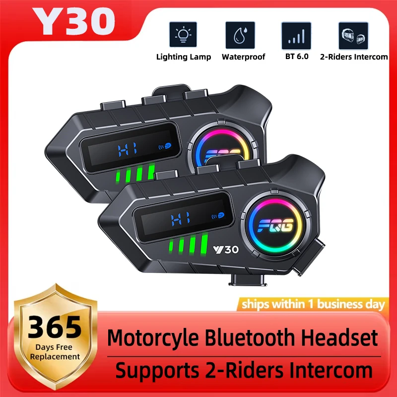 

Y30 Motorcycle Helmet Bluetooth Headset Noise Reduction 2-People Intercom 10M IPX6 Waterproof 1000mAh Lighting Lamp Auto Answer