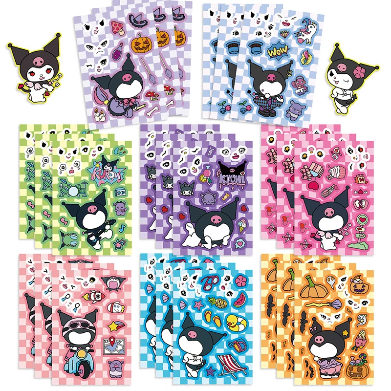 6/8Sheets Kt Cat Kuromi Melody Face Changing Stickers DIY Cartoon Combination Puzzle Decoration Stickers Children Toys Supplies