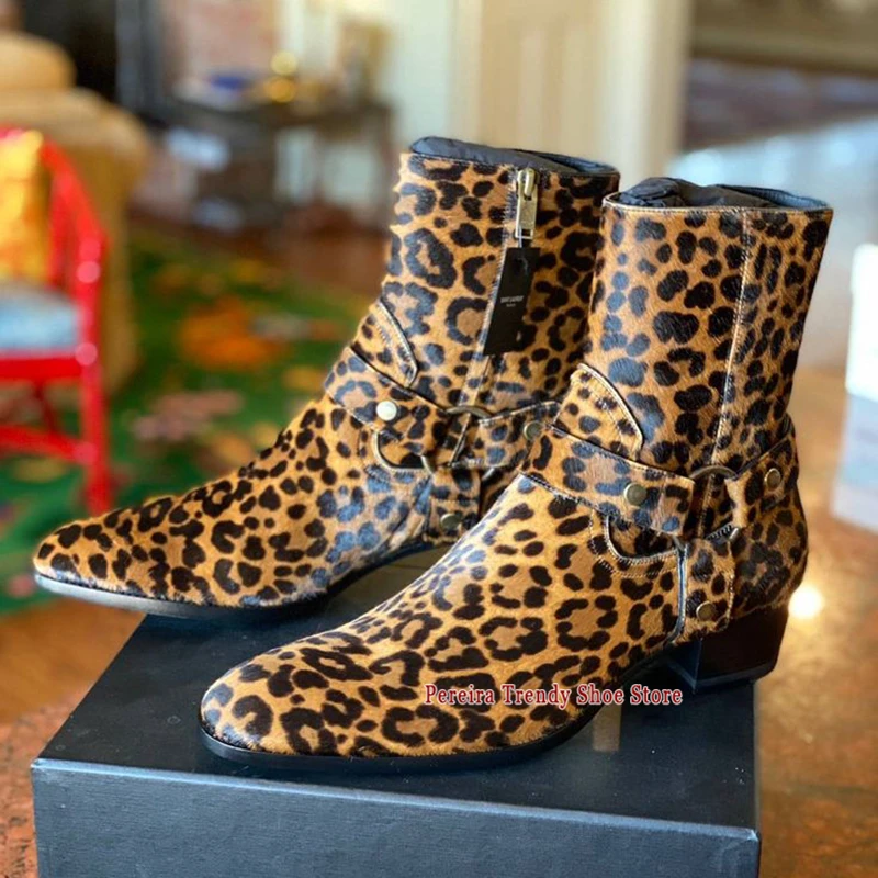 Autumn Winter New Horse Hair Chelsea Boots for Men Metal Ring Straps Height Increasing Ankle Boots Trendy Cowhide Men's Shoes