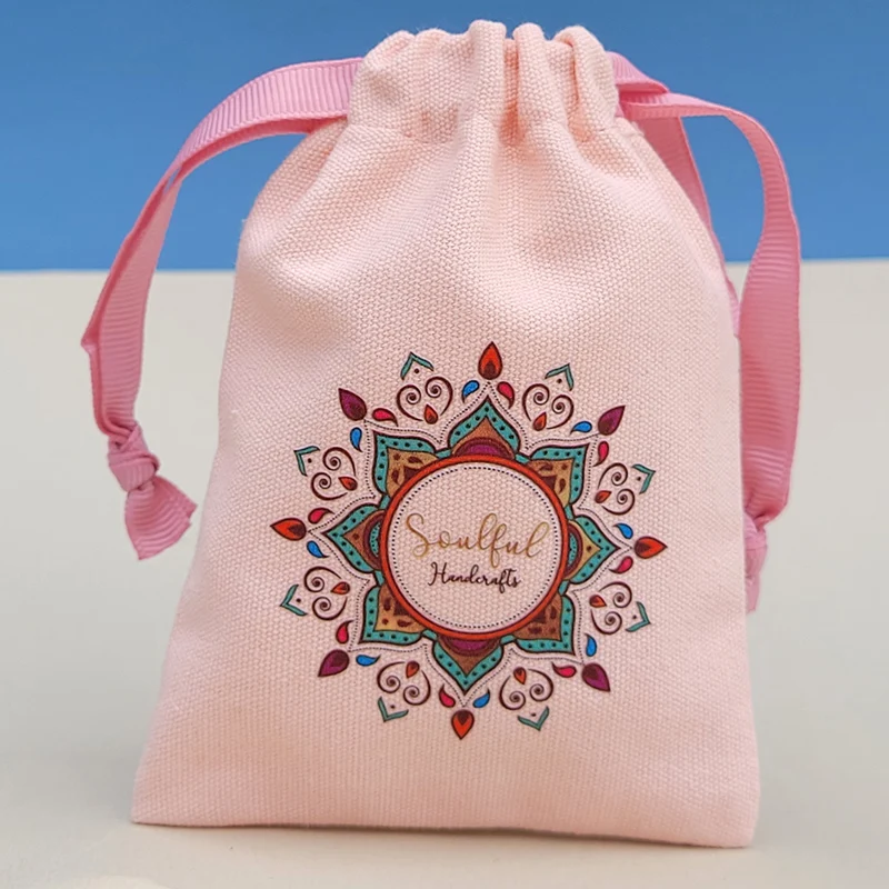 

Pink Cotton Drawstring Gift Bags Custom Logo Printed Gift Makeup Jewelry Pouch
