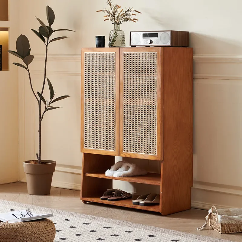 New Chinese Style Solid Wood Shoe Cabinet Rattan Storage Rack for Living Room Entrance Home Homestay Integrated Shoe
