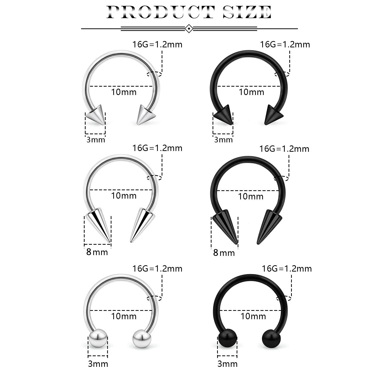 1 Pcs Septum Rings 16G Surgical Steel Long Spike Horseshoe Lip Rings Piercing Jewelry for Women and Men 8mm/10mm