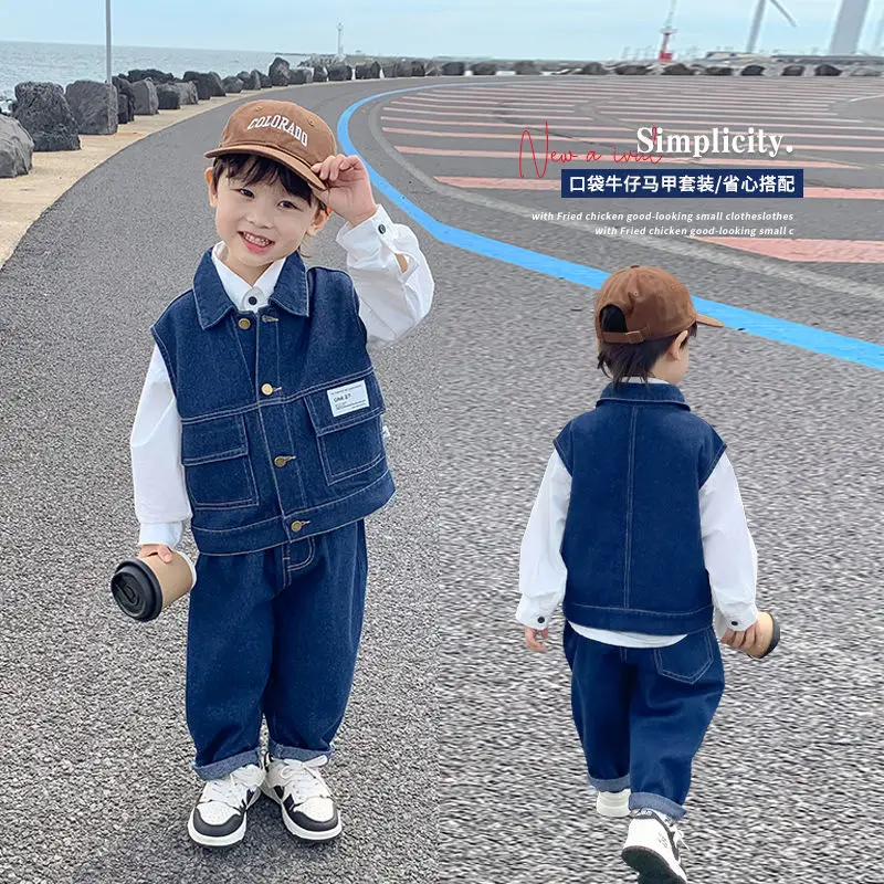 

3 PCS set Autumn Spring Boys White TShirt+Loose Harem Pants +Blue Denim Vest Kid Children baby Gentleman Handsome Streetwear Clo