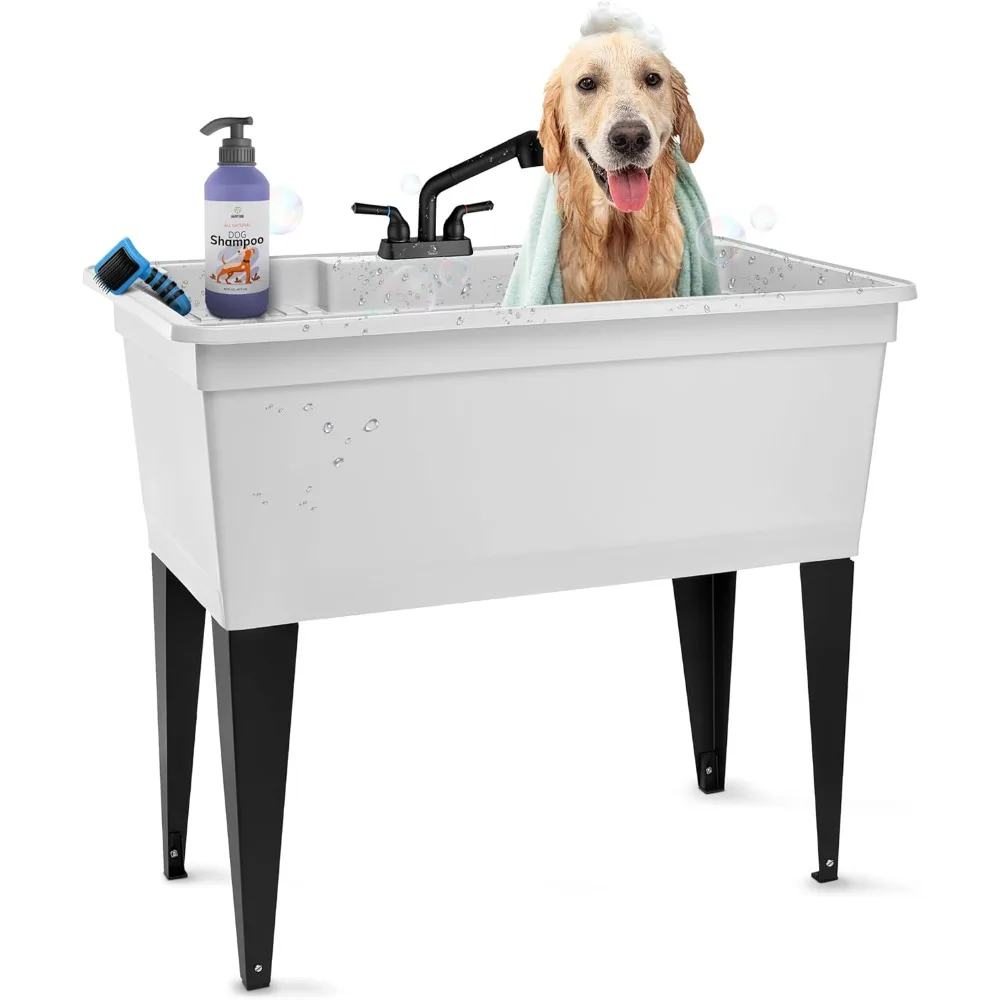 

US Shipping Freestanding Double Wide Utility Sink with Steel Legs Pull Out Faucet Heavy Duty Laundry Tub Kitchen Sink for