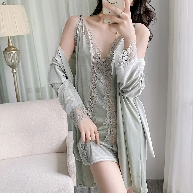 Twinset Velour Bathrobe Set Kimono Nightgown Women Robe Gown Homewear Velvet Lace Hollow Out Nightdress Sleepwear Loungewear