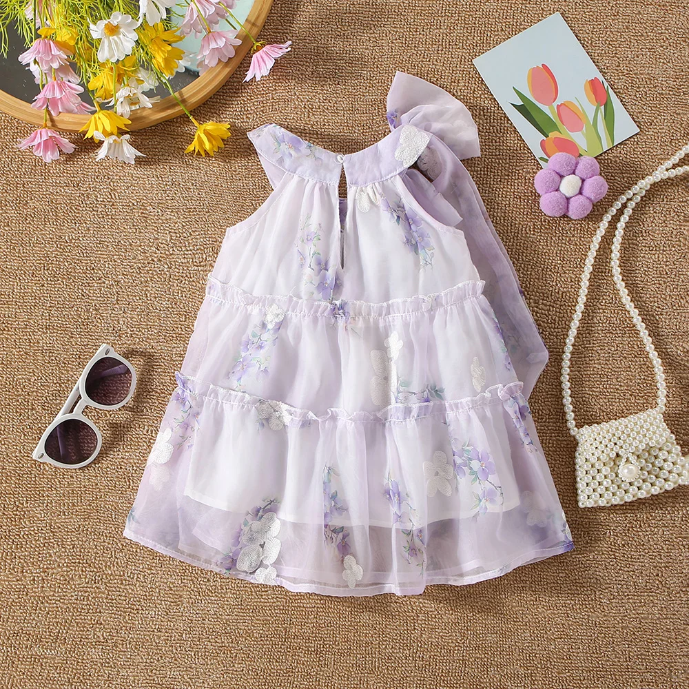 Summer New Baby Girls Dress Ribbon Bow Flower Print Mesh Dress Halter Sweet Princess Dress Birthday Party Dress (0-3 Years)