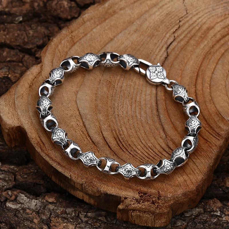 925 sterling silver bracelet pig nose tangcao pattern bracelet splendid trendy Thai silver vintage distressed ornament