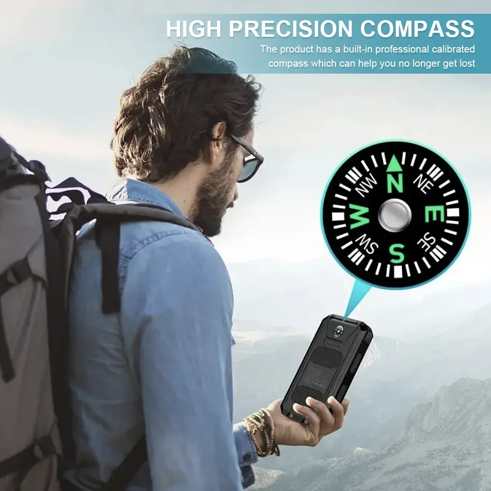 200000mAh  Large Capacity Solar Power Bank New Portable With Lanyard Compass External Battery Outdoor Camping Charging Powerbank