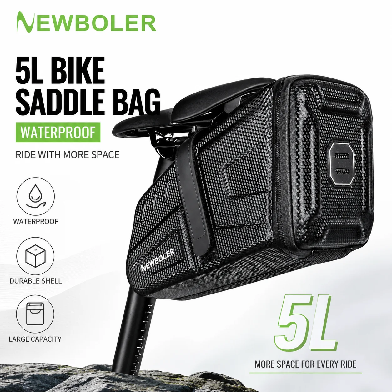 NEWBOLER 5L Waterproof Bike Saddle Bag Reflective Hard Shell Cycling Seat Bag for MTB Road Bicycle Tool Storage Accessories
