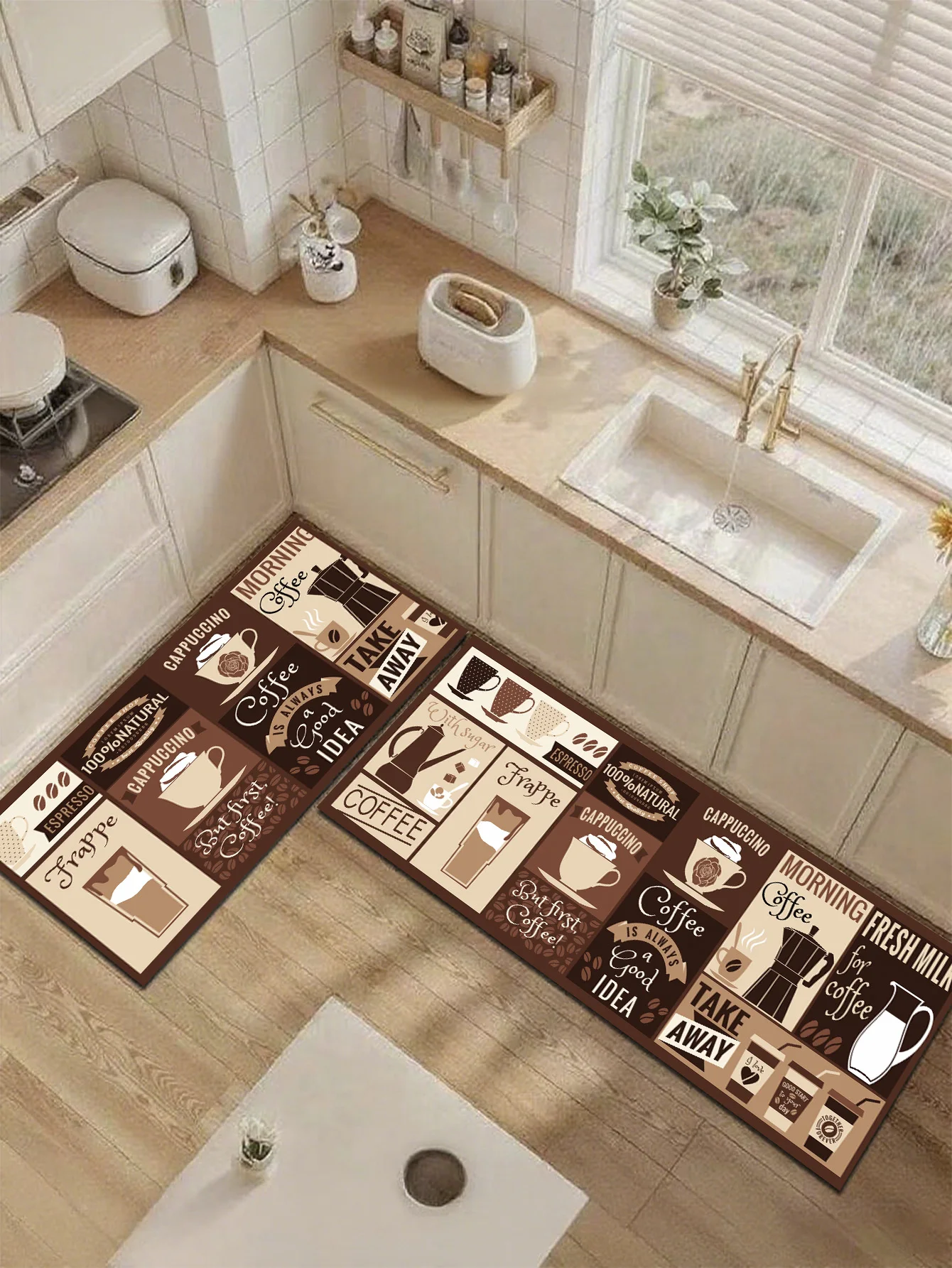 

Совершенно новый кухонный коврик и коврик для ванной комнаты в стиле ретро с тематикой кофейной культуры. Суперпротивоскользящий, очень впитывающий и легко моющийся.