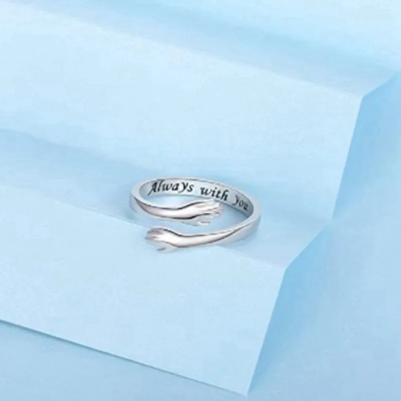 Lettering Silver Color Warmly Embraced Love Hug Open Ring Women Cute Couple Creative Hands Embracing Adjustable Rings Jewelry