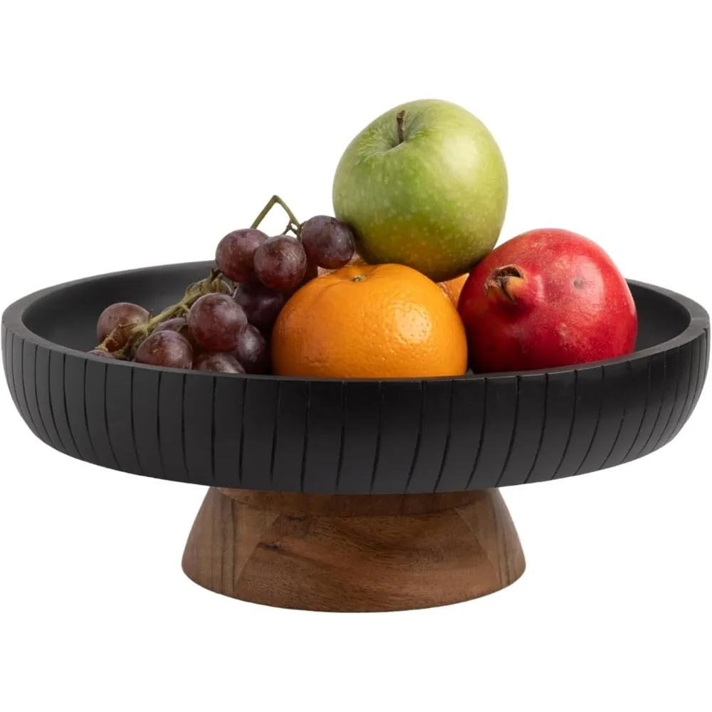

Handcrafted Mango Wood Fruit Bowl with Pedestal, 12" Diameter, Dual-Tone Design for Kitchen or Dining Table Centerpiece