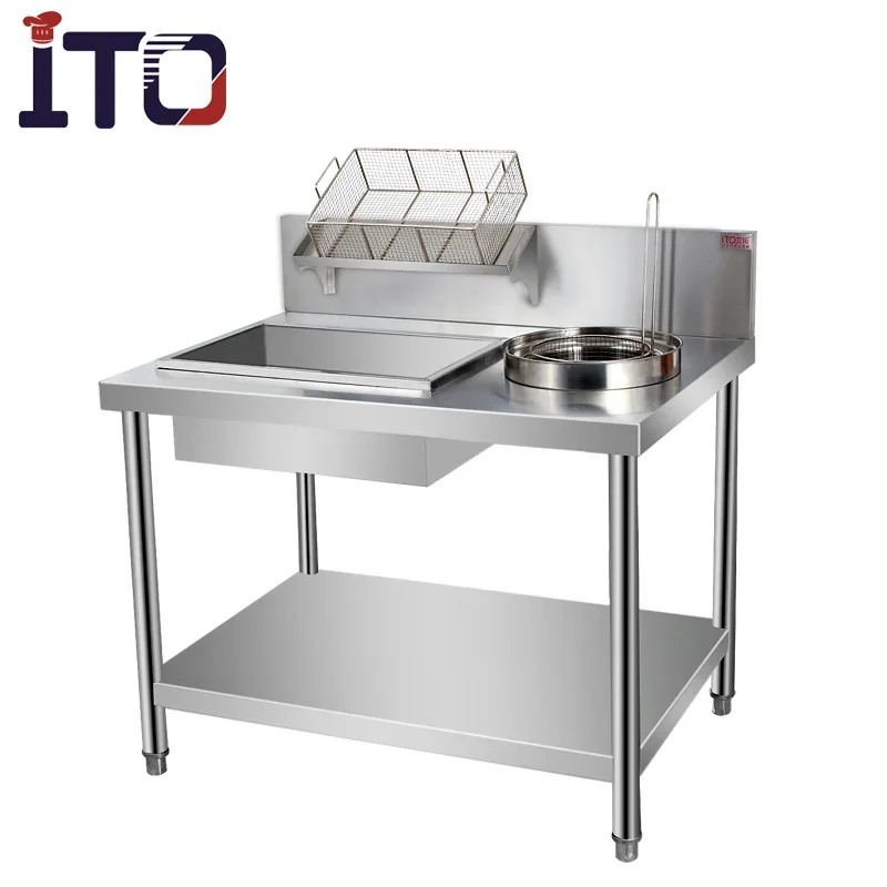 Commercial Fried Food Prep Table Catering Workbench with Under Shelf Fry Chicken Fish Breader Station