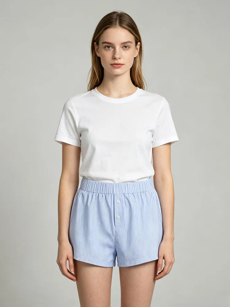Women's Striped Casual Elastic Waist Shorts Front Button Loose Fit Summer Sleepwear Beach Short Pants