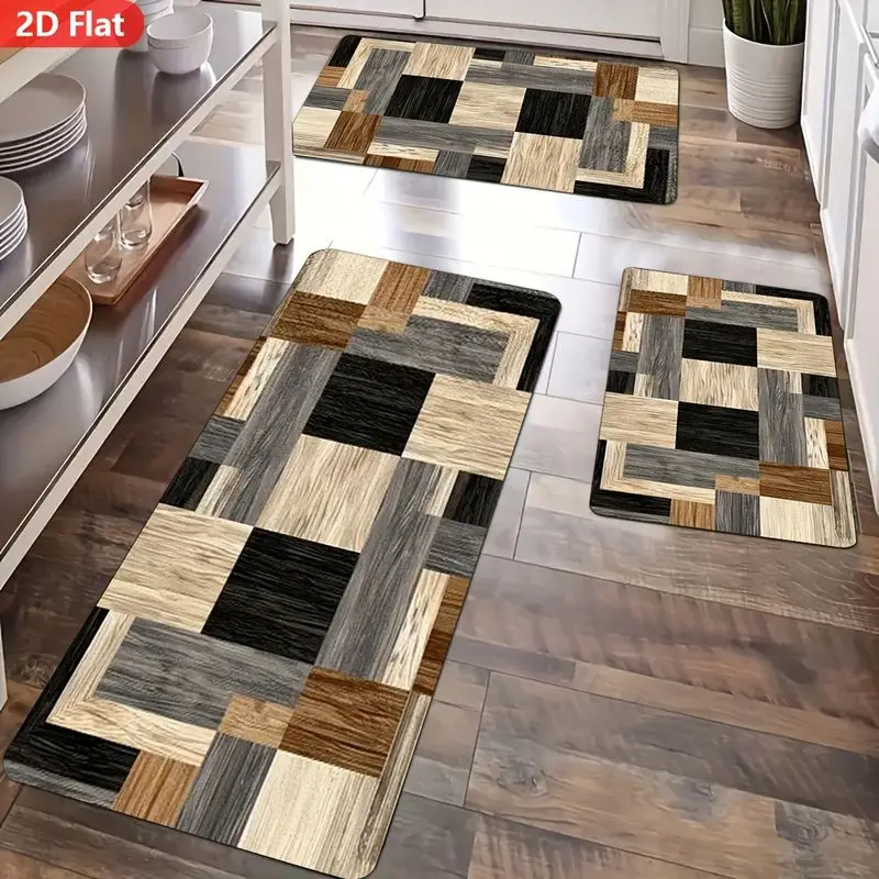 VIKAMA Modern Farmhouse Kitchen Mat, Wood-Grain Square Parquet Print Non-Slip Mat, Laundry Room and Hallway Home Decor