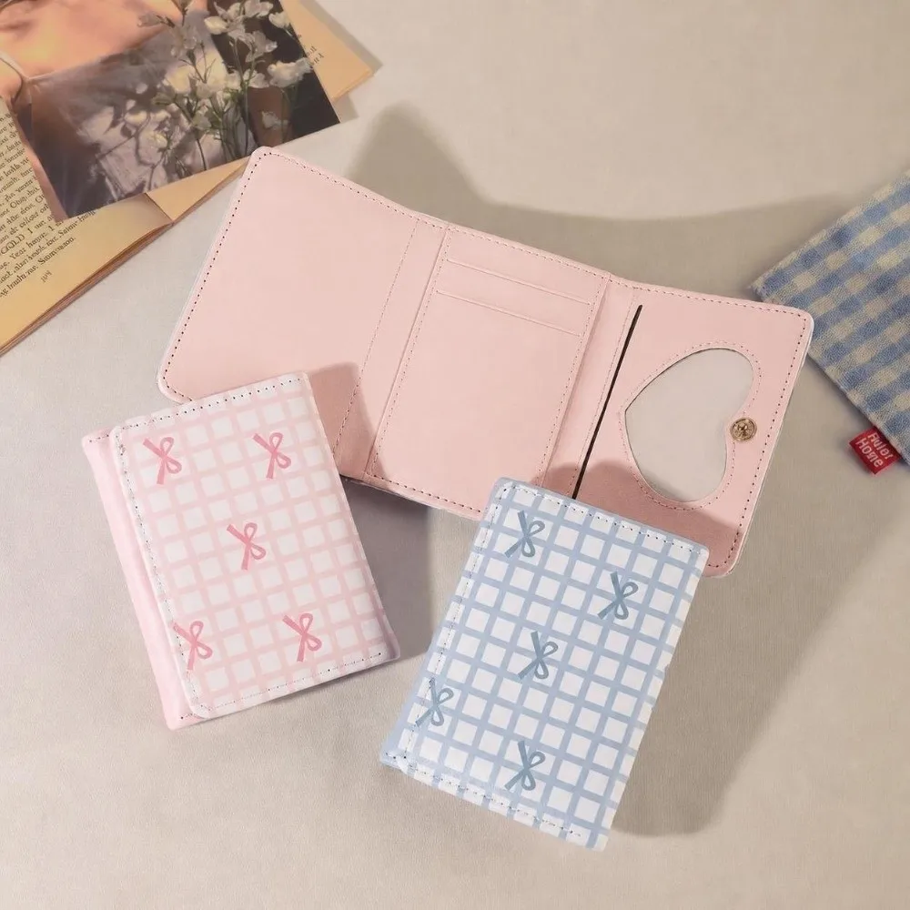 Portable PU Leather Short Wallet Multi Card Slot Grid Bow Print Card Holder Foldable Credit Card Holder