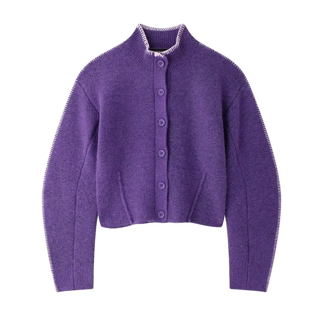 Tangada 2024 Women Elegant Purple Cardigan Sweaters Buttons Long Sleeve Female Crop Jumper 3H0822