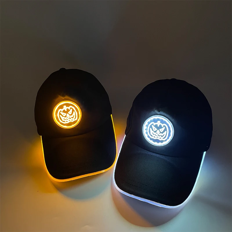 Funny Light up Pumpkin Pattern Baseball Hat Glow in the Dark Trick or Treat Accessories Men Women Luminous Baseball Cap Headwear