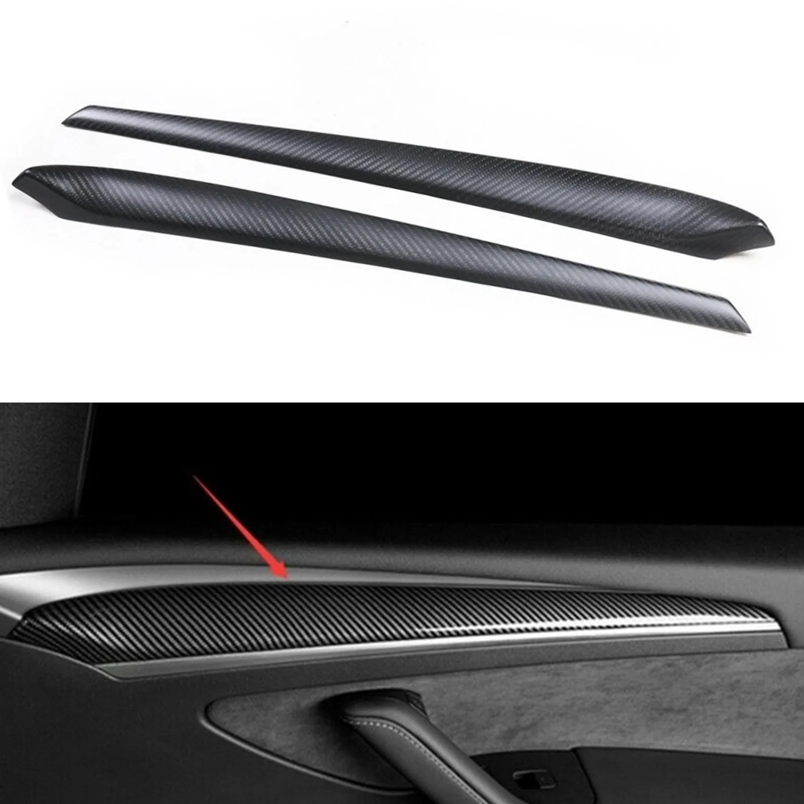 2PCS Carbon Fiber Car Door Panel Trim Sticker Handrail Cover Strip Decoration For Tesla Model 3 & Model Y 2019-2023