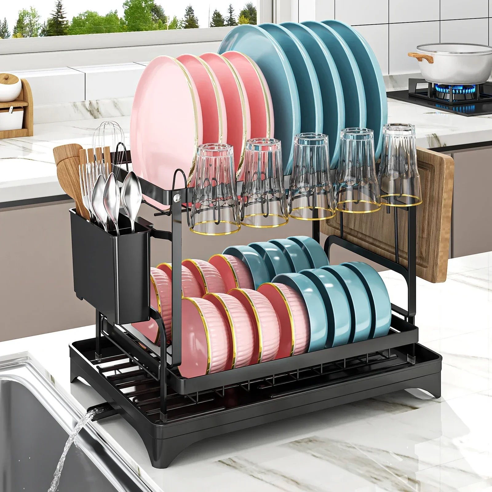 

Multipurpose 2-Tier Dish drying Rack for Kitchen countertop with Cups rack,Utensil Holder,Cutting Board,Space-Saving,Black White