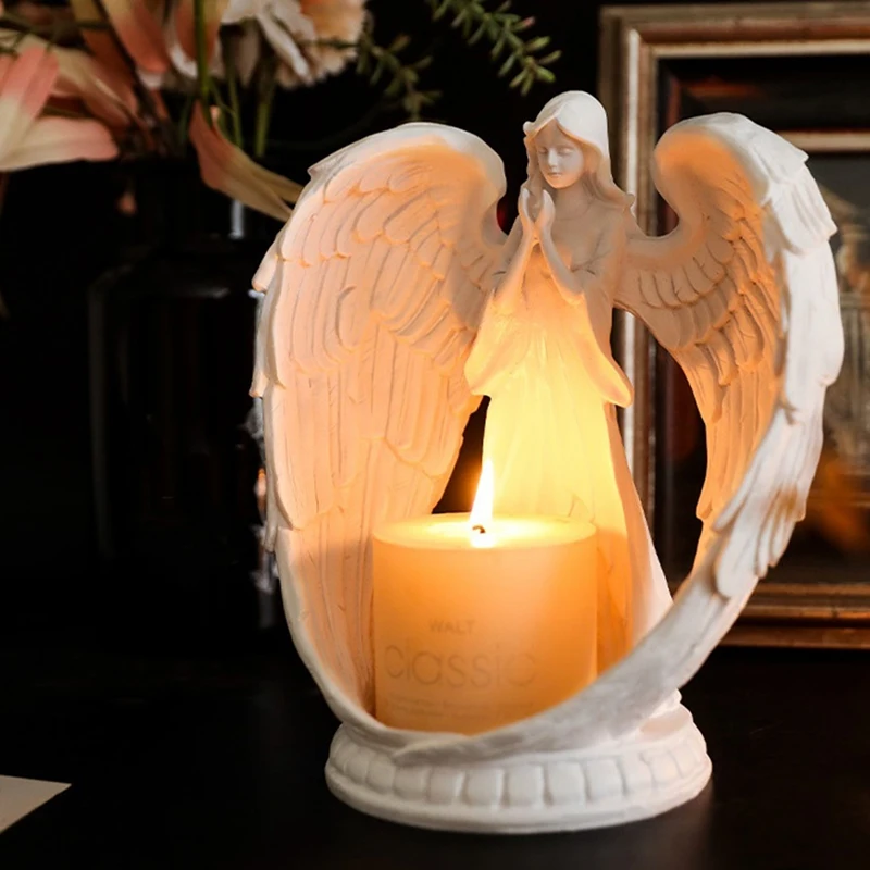 Statue en grès blanc étoilé avec aile d'ange priant, bougeoir LED commémoratif, 1 ensemble