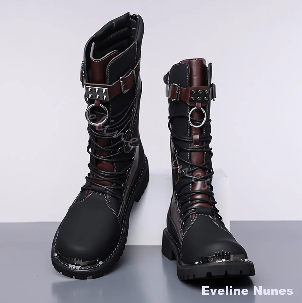 Men Black Brown Color Block Biker Boots Metal Toe Cap Rivet Buckle Strap Mid Calf Punk Combat Boots Thick Gothic Motorcycle Boot - view 3
