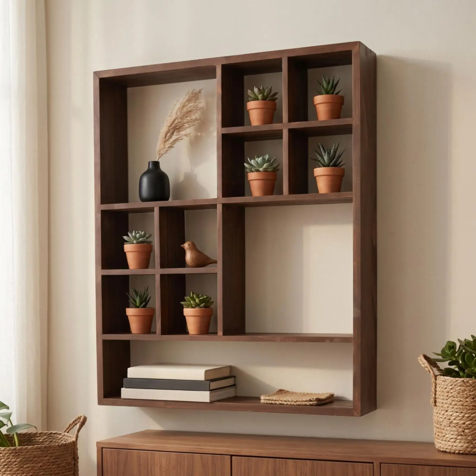 Wall-Mounted Wooden Shelf Space-Saving Wooden Shelf with Compartments Decorative Bookshelf with Open Shelves for Living Room,