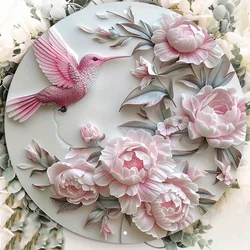 Shimmering Pink Glitter Hummingbird Metal Sign, Durable Aluminum, Waterproof and Fade Resistant, Circular Wall Decor, 8x8In, 1Pc