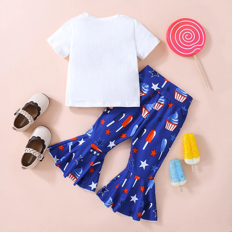 Girls Short Sleeve Crew Neck Graphic T-shirt with Matching Flare Pants featuring Fun Dessert Prints