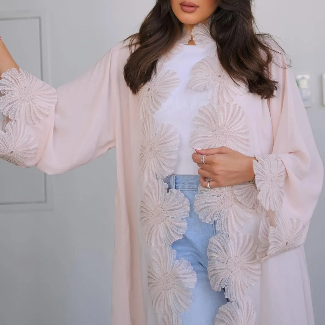 Luxurious Abaya Embroidered Botanical Applique Abaya Floorlength Openfront Sleeved Abaya Arabian Eveningwear Gownstyle Kaftan