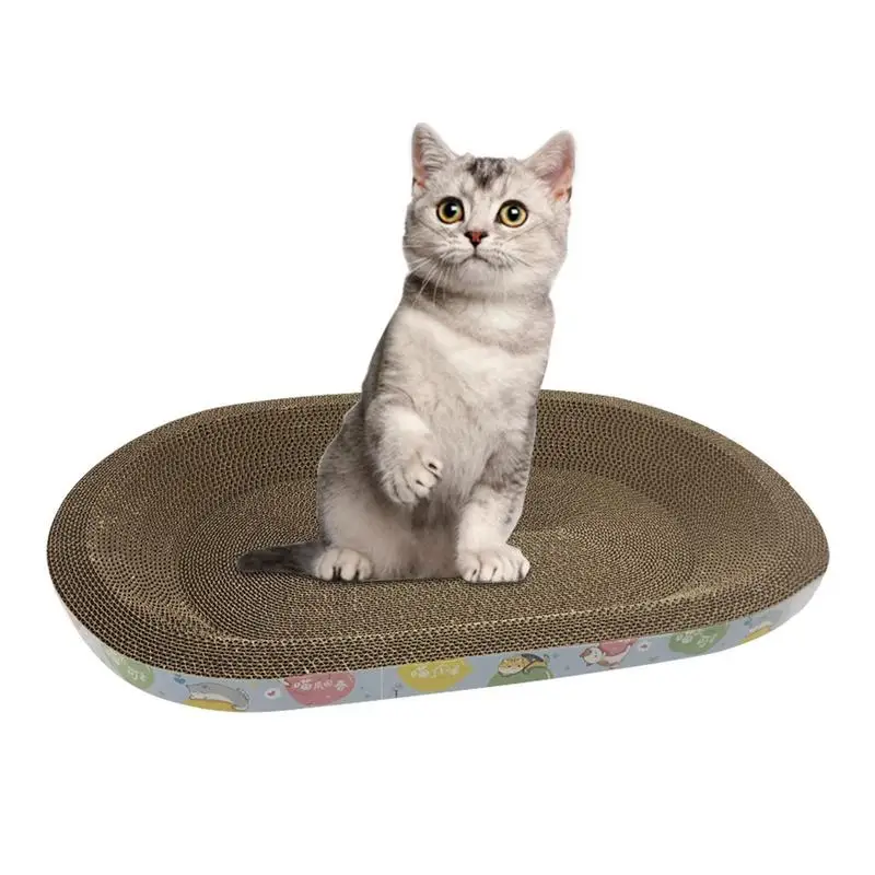 Oval Cat Scratching Board Corrugated Paper Reversible Scratch Pad Lounge Bed Durable Scratcher Prevents Furniture Damage