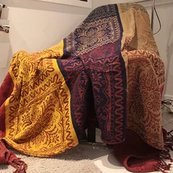 Bohemian Chenille Sofa Towel Colorful Plaid Blanket with Tassels