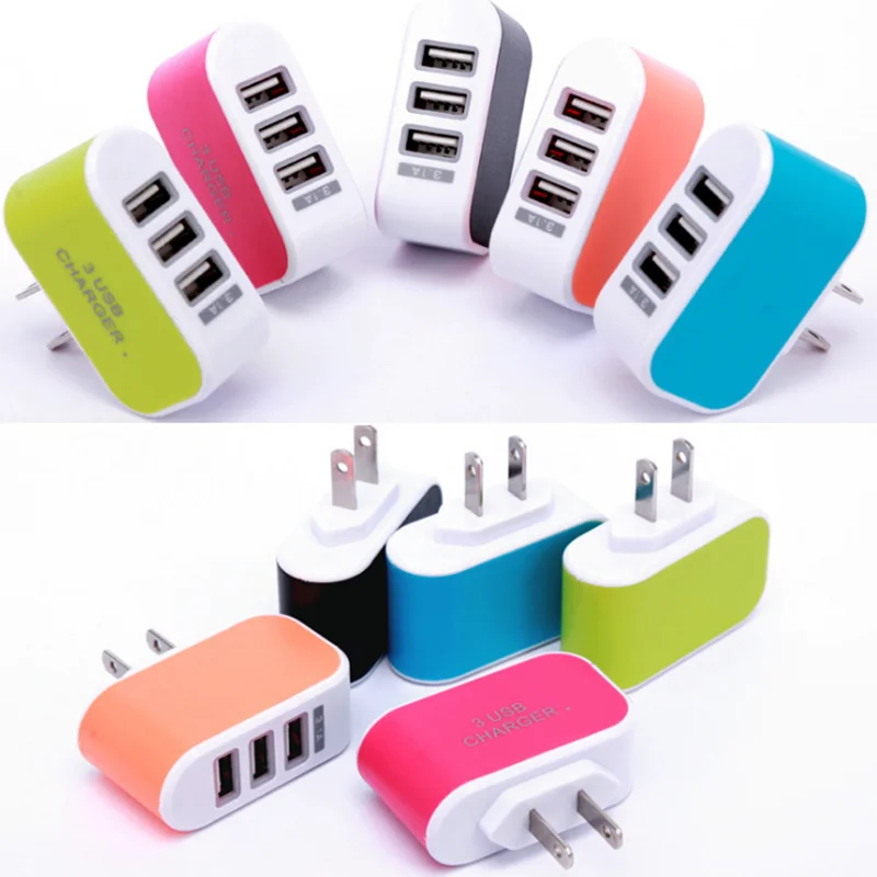 Universal 3 USB Multi-Port Wall Home Charger US Plug Wall Adapter Cube Block 110-220V 5V Candy Color Travel Charger Adapter