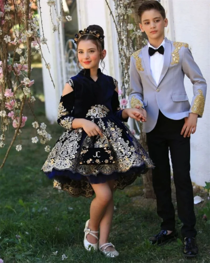 

Gold Appliqued Boys Suit Set 2 Piece Wedding Tuxedo for Kids Jacket Pants Cotton Blazer 2-16 Years Formal Party Suit Customized