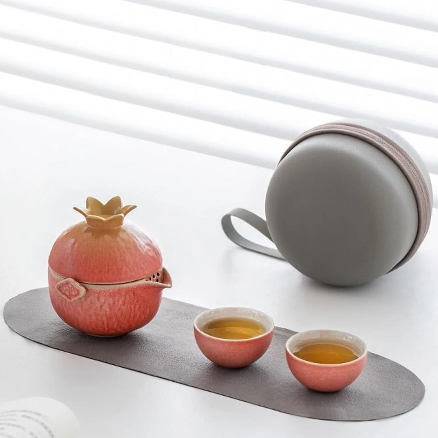 Kungfu Tea Sets,Pomegranate Shape Travel Teapot, Portable Ceramic Tea Set, 1 Pot 3 Mini Cups, Tea Set for One to Three