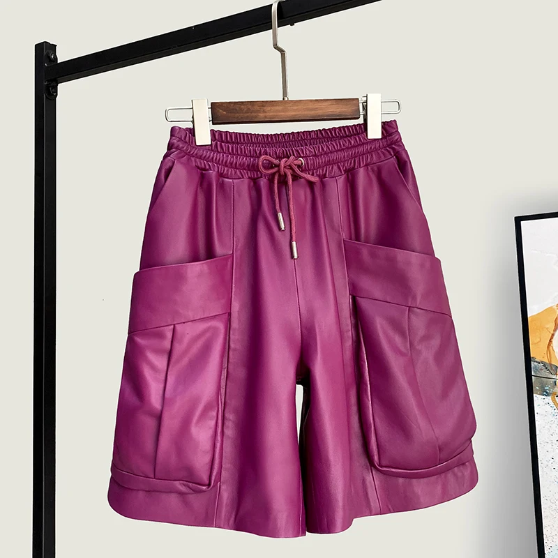 Spring New High Quality Genuine Real Leather Cropped Pants Women's Loose Sheepskin Wide-Leg Elastic Waist Versatile Bootcut