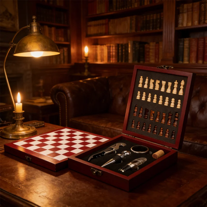 Wine Opener Set with Chessboard 4-Piece Wine Accessories, Gift for Wine Lovers, Hostess Gift, Entertaining Set Wine and Game Set