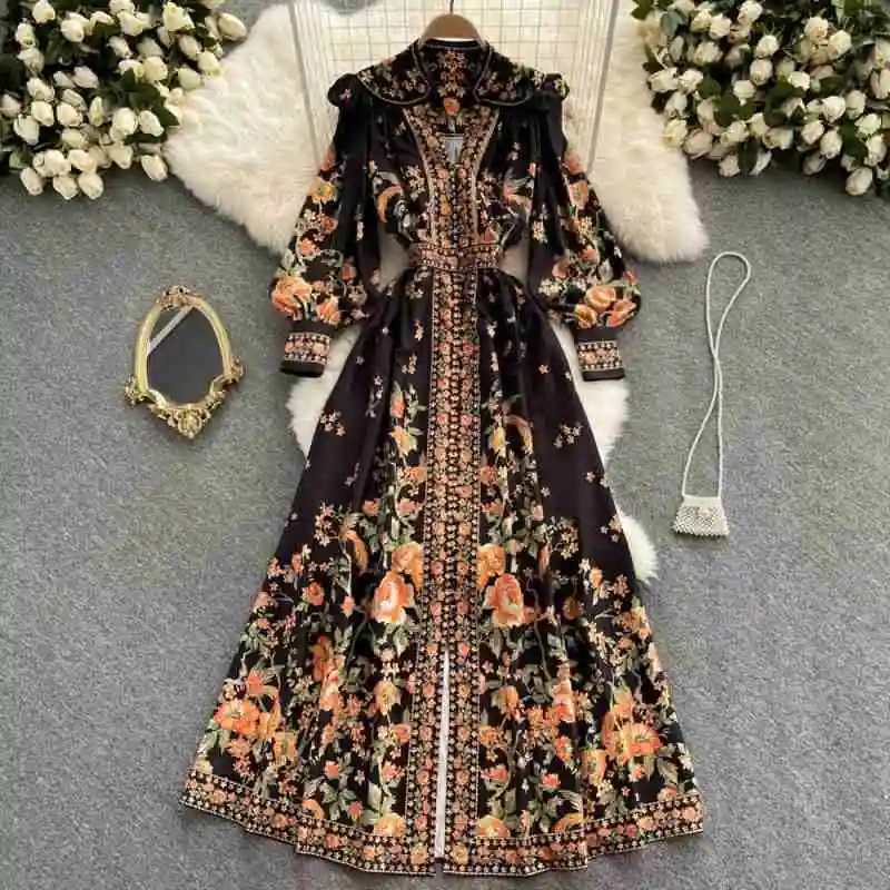 Women's Dress Palace Retro Printing Spring Autumn Winter Long Sleeve Elegant Dresses Single Breasted A-Line Shirts Vestidos Robe