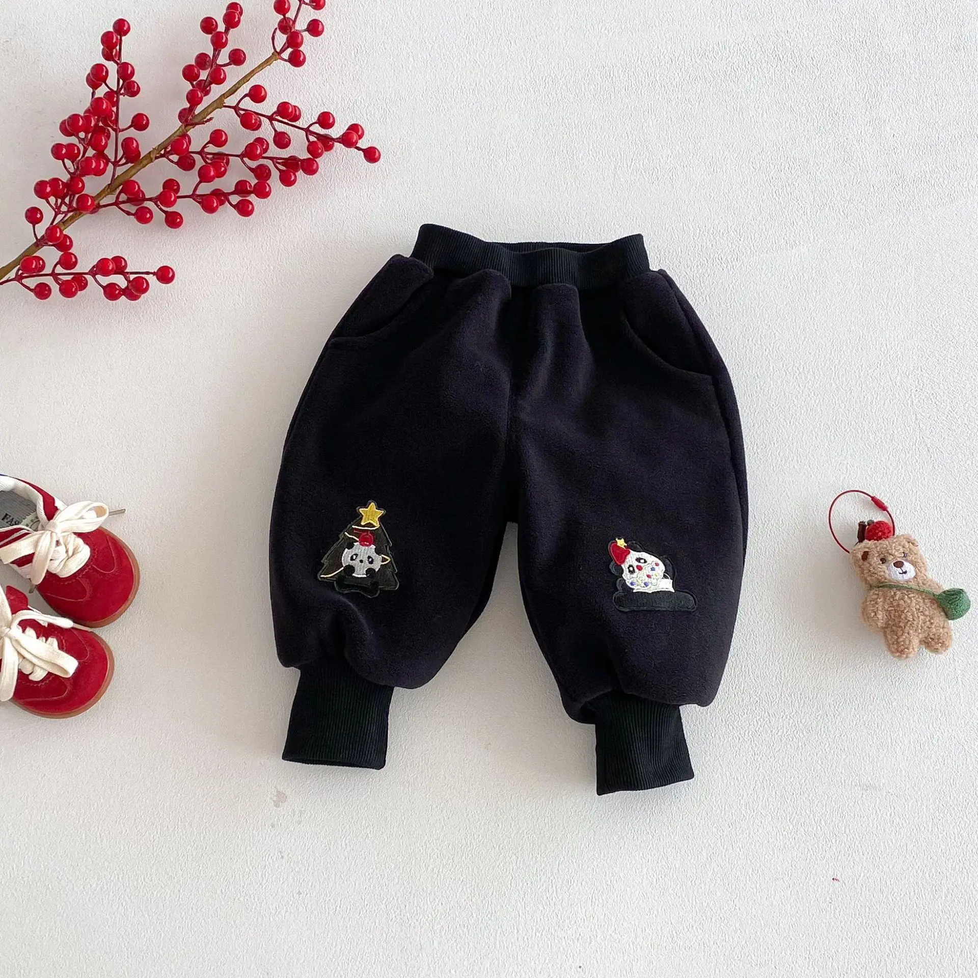 

2025 Kids Christmas Fleece Lined Long Pants 0-5Y Girl Boys Cartoon Penguin Snowman Warm Trousers Lined Casual Children's Bottoms