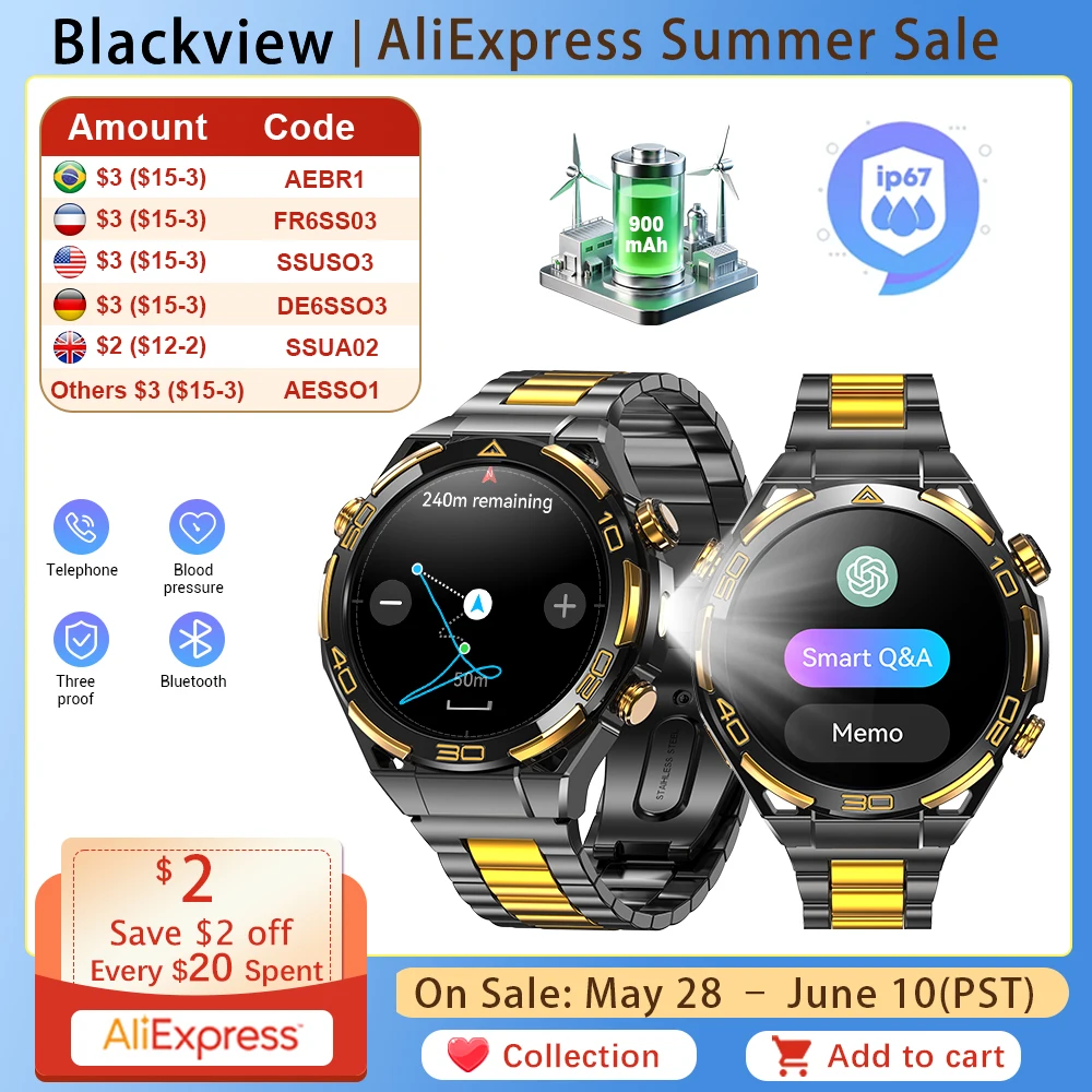 Blackview W90 Pro AI GPT Smart Watch Accurate GPS 900mAh Large Battery 1.43" AMOLED Flashlight Waterproof Sport Watch Men Women