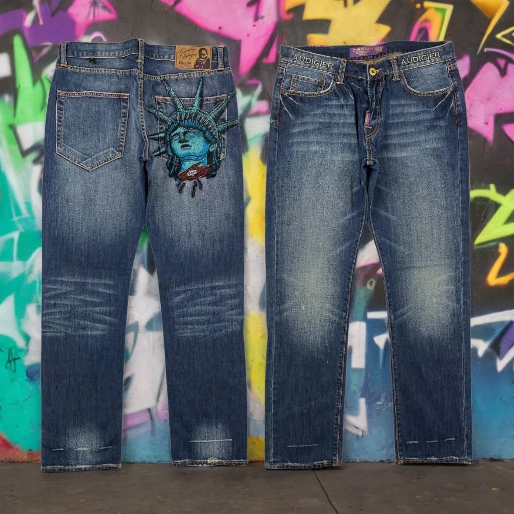 

New York Vintage Statue of Liberty Diamonds Jeans Sequins Casual Denim Pants Wide Leg Jeans Harajuku Y2k 90s Women Clothing